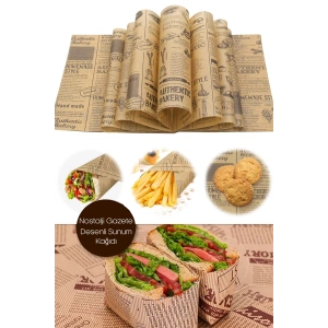 Busstier Vintage Gazete Desenli Yağlı Kağıt Kendinden Desenli Mutfak Sunum Kağıdı - 100 Adet