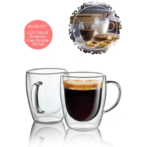 Çift Cidarlı Cam Kupa 350 Ml Ev Ofis Fincanı Çift Katlı Isı Yalıtıml Kulplu Cam Bardak