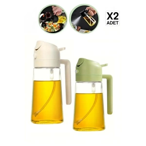 Çift Fonksiyonlu Cam Yağdanlık 450ml Zeytinyağı Sıvıyağ Şişesi Airfryer Sprey Yağlık Sirkelik 2 Adet