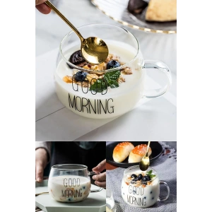 Isıya Dayanıklı Borosilikat Good Morning Kulplu Yuvarlak Kupa Cam Bardak Kahve Sunum Bardağı