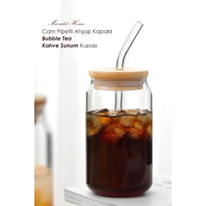 Isıya Dayanıklı Cam Pipetli Ahşap Kapaklı Bubble Tea Ve Borosilikat Bardak | 2 Adet