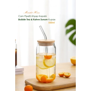 Isıya Dayanıklı Cam Pipetli Ahşap Kapaklı Meşrubat Kahve Sunum Bardağı | 4 Adet