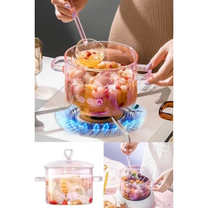 Pembe Kalp Figürlü Isıya Dayanıklı Borosilikat Termisil Ocak Üstü Kulplu Cam Tencere 1500cc