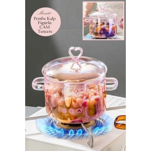 Pembe Kalp Figürlü Isıya Dayanıklı Borosilikat Termisil Ocak Üstü Kulplu Cam Tencere 1 Adet