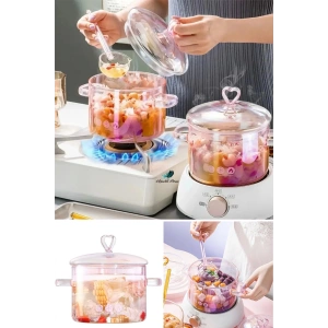 Pembe Kalp Figürlü Isıya Dayanıklı Borosilikat Termisil Ocak Üstü Kulplu Cam Tencere 2 ADET