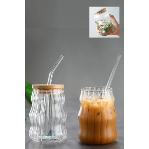 Pipetli Bambu Kapaklı Iskandinav Tarz Burgu Stil Kahve Kokteyl Sunum Bardağı 2 Adet