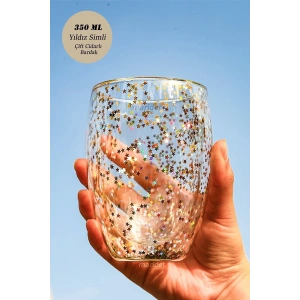 Yıldız Simli Çift Cidarlı Isıya Dayanıklı Borosilikat Cam Sunum Bardağı 4 Adet