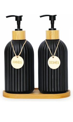2 li Hands Dishes Siyah Dekoratif Mutfak Banyo Sıvı Cam Sabunluk Seti 500ml Bambu Stantlı Set