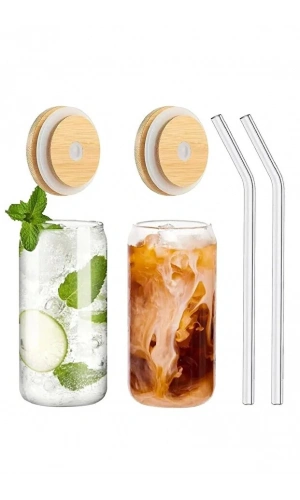 550 Ml Isıya Dayanıklı Cam Pipetli Bambu Kapaklı Bubble Tea Ve Borosilikat Bardak 2 Adet