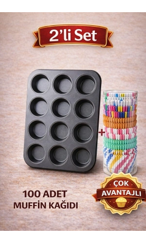 Çok Avantajlı Muffin Kalıbı 2’li Set | 12’li Muffin Kek Kalıbı + 100 Adet Renkli Muffin Kağıdı