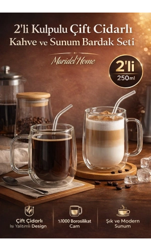 2 Adet Çift Cidarlı Cam Kupa 250 ml Ev Ofis Fincanı Çift Katlı Isı Yalıtımlı Kulplu Cam Bardak