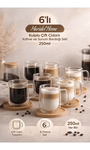 6'lı Çift Cidarlı Bardak 250 ml Ev Ofis Çay Fincanı Kahve Sunum Bardağı