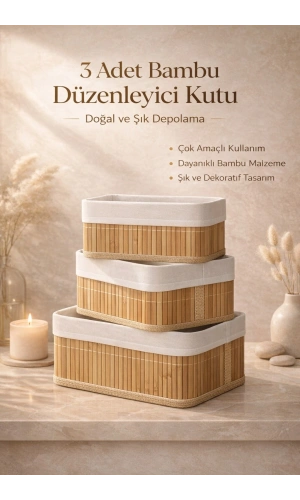 3’lü Bambu Düzenleyici Hasır Sepet |  Dekoratif Ev Banyo Saklama ve Organizer Kutusu