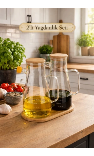 Ahşap Standlı 2’li Cam Yağdanlık Sirkelik Seti | Bambu Kapaklı Ölçekli Ahşap Standlı Set