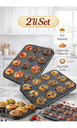 12 Bölmeli Muffin Kek Kalıbı 2 Li Set Yanmaz Yapışmaz Çörek Cupcake Fırın Kalıp Tepsisi