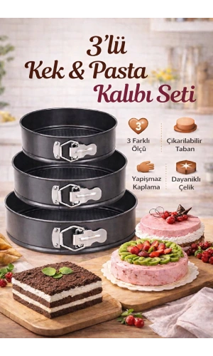 3'lü Kelepçeli Yanmaz Yapışmaz Teflon Döküm Kek Kalıbı Çıkarılabilir Tabanlı Kek Kalıbı