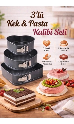 3lü Kelepçeli Kalp Yuvarlak Kare Yanmaz Yapışmaz Teflon Döküm Çıkarılabilir Tabanlı Kek Kalıbı
