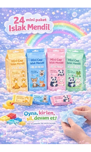 Sevimli Figürlü Mini Islak Cep Mendili Panda Zebra Fil Zürafa Renkli Tasarım Cep Mendili 24 Adet
