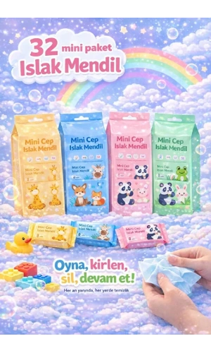 Sevimli Figürlü Mini Islak Cep Mendili Panda Zebra Fil Zürafa Renkli Tasarım Cep Mendili 32 Adet