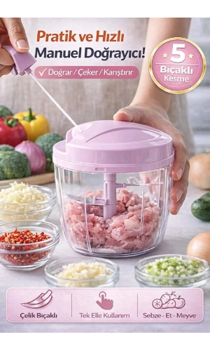 Pratik İpli El Rondosu 5 Çelik Bıçaklı Büyük Boy Et Soğan Sebze Meyve Doğrayıcı Blender Rende Pembe