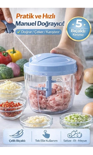 Pratik İpli El Rondosu 5 Çelik Bıçaklı Büyük Boy Et Soğan Sebze Meyve Doğrayıcı Blender Rende Mavi
