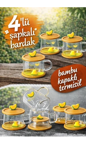 Kavun Figürlü Baskılı Sıcak Soğuk Borosilikat Cam Meşrubat Kupası Su Çay Bardağı Bambu | 4 Adet