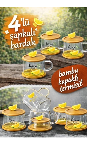 Limon Figürlü Baskılı Sıcak Soğuk Borosilikat Cam Meşrubat Kupası Su Çay Bardağı Bambu | 4 Adet