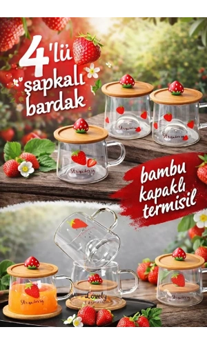 Çilek Figürlü Baskılı Sıcak Soğuk Borosilikat Cam Meşrubat Kupası Su Çay Bardağı Bambu | 4 Adet