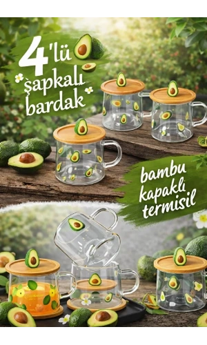 Avakado Figürlü Baskılı Sıcak Soğuk Borosilikat Cam Meşrubat Kupası Su Çay Bardağı Bambu | 4 Adet