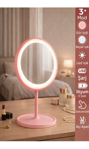 Oval Makyaj Aynası LED Işıklı Dokunmatik Şarjlı 3 Renkli Işıklı Still 90° Ayarlanabilir Ayna | Pembe