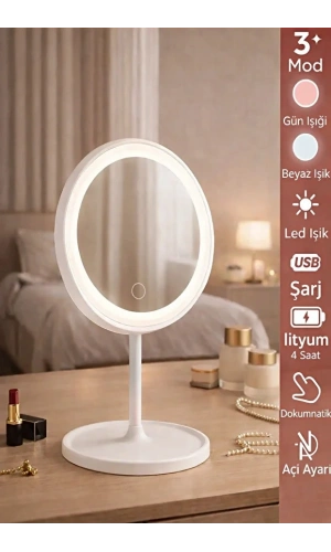 Oval Makyaj Aynası LED Işıklı Dokunmatik Şarjlı 3 Renkli Işıklı Still 90° Ayarlanabilir Ayna | Beyaz
