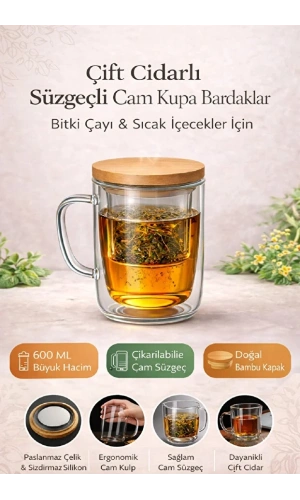 Süzgeçli Cam Kupa Bardak Çift Cidarlı Isı Yalıtımlı Bambu Kapaklı Bitki Çayı Fincanı Seti - 1 Adet