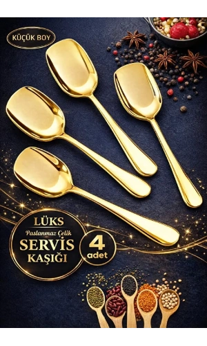Gold Servis Kaşığı Seti Küçük Boy Paslanmaz Çelik Kaşık Salata Yemek Mutfak Kaşığı | 4 Adet