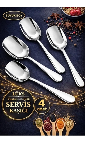 Gümüş Servis Kaşığı Seti Büyük Boy Paslanmaz Çelik Kaşık Salata Yemek Mutfak Kaşığı | 4 Adet