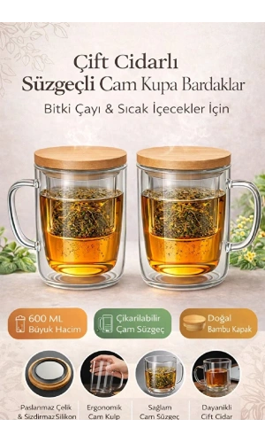 Süzgeçli Cam Kupa Bardak Çift Cidarlı Isı Yalıtımlı Bambu Kapaklı Bitki Çayı Fincanı Seti | 2 Adet