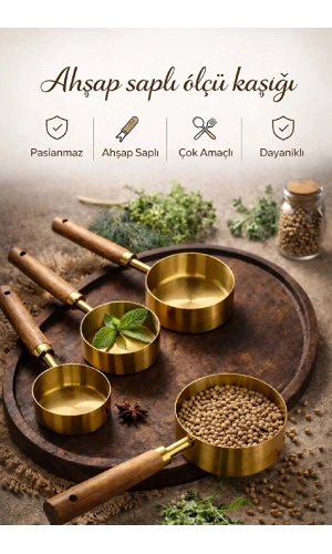 4lü Ahşap Saplı Metal Ölçü Kaşığı Seti Paslanmaz Gold Kaşığı Seti Ölçü Kabı