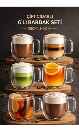 350 ML Çift Cidarlı Cam Bardak Seti Isıya Dayanıklı Şeffaf Tasarım Kahve Çay Latte Sunum | 6 Adet