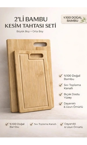 2'li Bambu Kesim Tahtası Tutmalı Peynir Sunum Tepsi Sebze Doğrama Panosu Seti | Büyük + Orta Boy