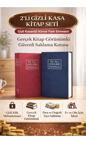Büyük Boy Kitap Şeklinde Anahtarlı Gizli Kasa Para Saklama Hırsız Kilitli Dekoratif Kumbara | 2 Adet