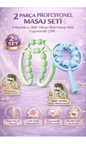 2’li Profesyonel Masaj Seti 9 Başlıklı ve 360° Döner Roll Masaj Aleti Tam Vücut Rahatlama Seti