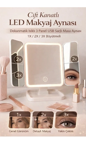 Katlanır Kapaklı LED Işıklı USB Şarjlı Taşınabilir Makyaj Aynası | 1-2-3 X Büyütmeli Masa Aynası