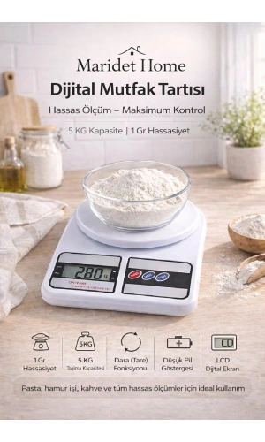 Dijital Mutfak Tartısı LCD Ekranlı Hassas Ölçüm Fonksiyonlu Modern Tasarım | 5 Kg Kapasiteli