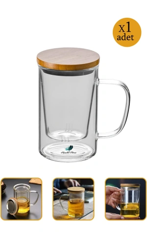 Bambu Kapaklı Cam Süzgeçli Kupa Çift Katlı Demlik Model Kulplu Bitki Çay Bardağı 1 ADET