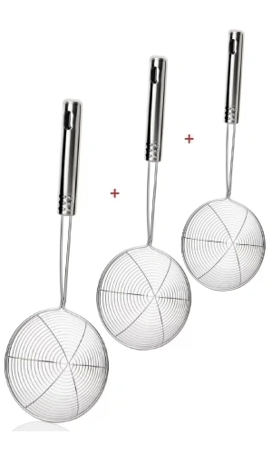 Çelik Kevgir Süzgeç Patates Kızartma Süzgeci Paslanmaz Tel Servis Seti 3lü Kevgir
