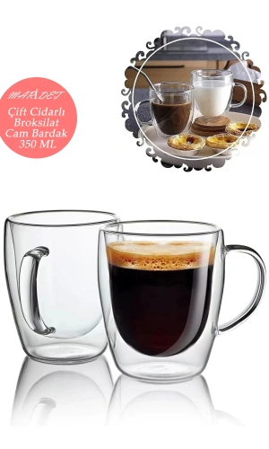 Çift Cidarlı Cam Kupa 350 Ml Ev Ofis Fincanı Çift Katlı Isı Yalıtıml Kulplu Cam Bardak