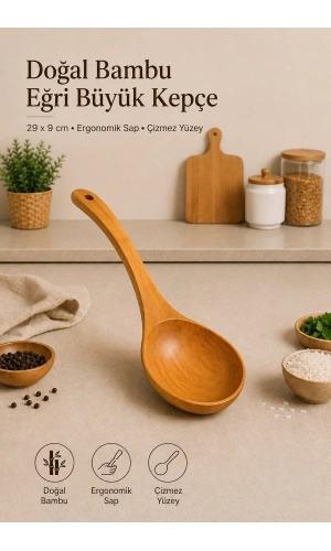Doğal Bambu Eğri Büyük Kepçe Ergonomik Saplı Tencere Dostu Ahşap Servis Kaşığı | 29x9 cm