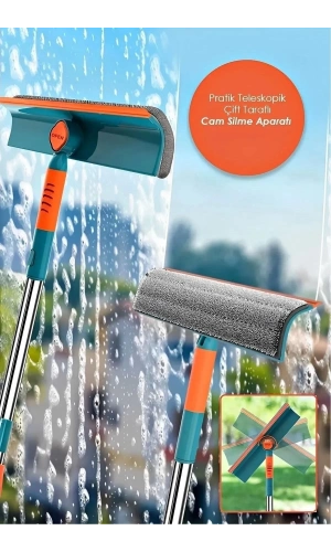 Teleskopik Çift Yönlü Pratik Cam Silme Aparatı Pencere Temizleyici Çok Amaçlı Çekpas