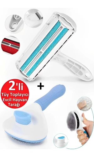 Otomatik Temizlenen Tuşlu Evcil Hayvan Fırçası Hazneli Tüy Temizleme Aparatı 2li Tüy Toplama Tarak