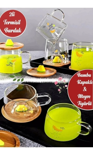 3d Limon Figürlü Baskılı Sıcak Soğuk Borosilikat Cam Meşrubat Kupası Su Çay Bardağı Bambu Kapaklı
