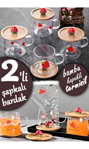 3d Karpuz Figürlü Baskılı Sıcak Soğuk Borosilikat Cam Meşrubat Kupası Su Çay Bardağı Bambu Kapaklı